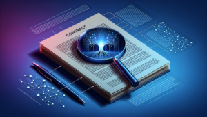 Modern visualization of AI analyzing legal contracts with highlighted clauses and risk assessment indicators