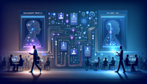 Corporate illustration of AI-powered recruitment showing candidate matching and resume screening automation