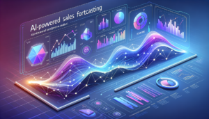 Professional illustration of AI-powered sales forecasting with predictive analytics dashboard showing upward trending graphs and data visualizations