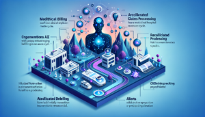 Modern healthcare technology illustration showing AI optimizing medical billing and claims processing