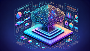 Professional illustration showing AI model optimization with quantization, pruning and distillation techniques