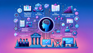 Corporate visualization of AI governance framework with regulatory compliance and ethics controls
