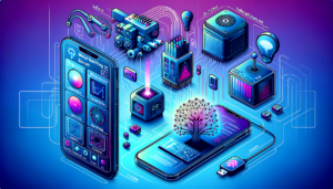 Modern illustration of edge AI deployment on mobile and IoT devices with model optimization