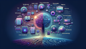 Professional illustration of multimodal AI processing text, images, audio and video with unified neural network