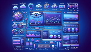 Professional illustration of AI observability system with LLM monitoring, performance metrics, and distributed tracing